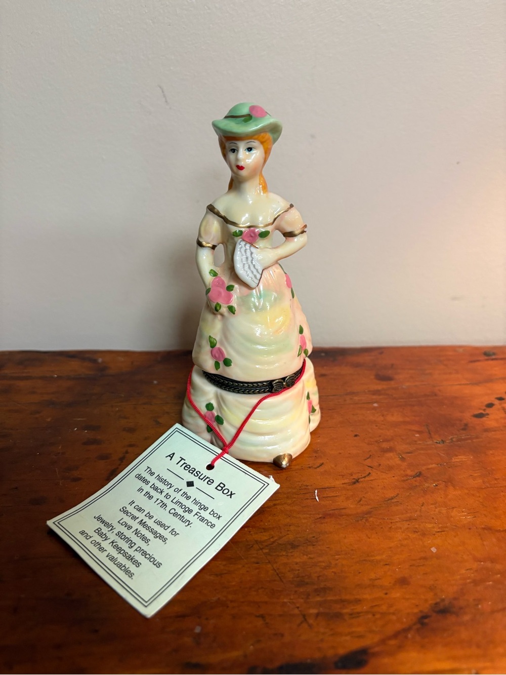 Vintage Porcelain Lady Figurine Hinged Trinket Box - Pink & Green Collectible